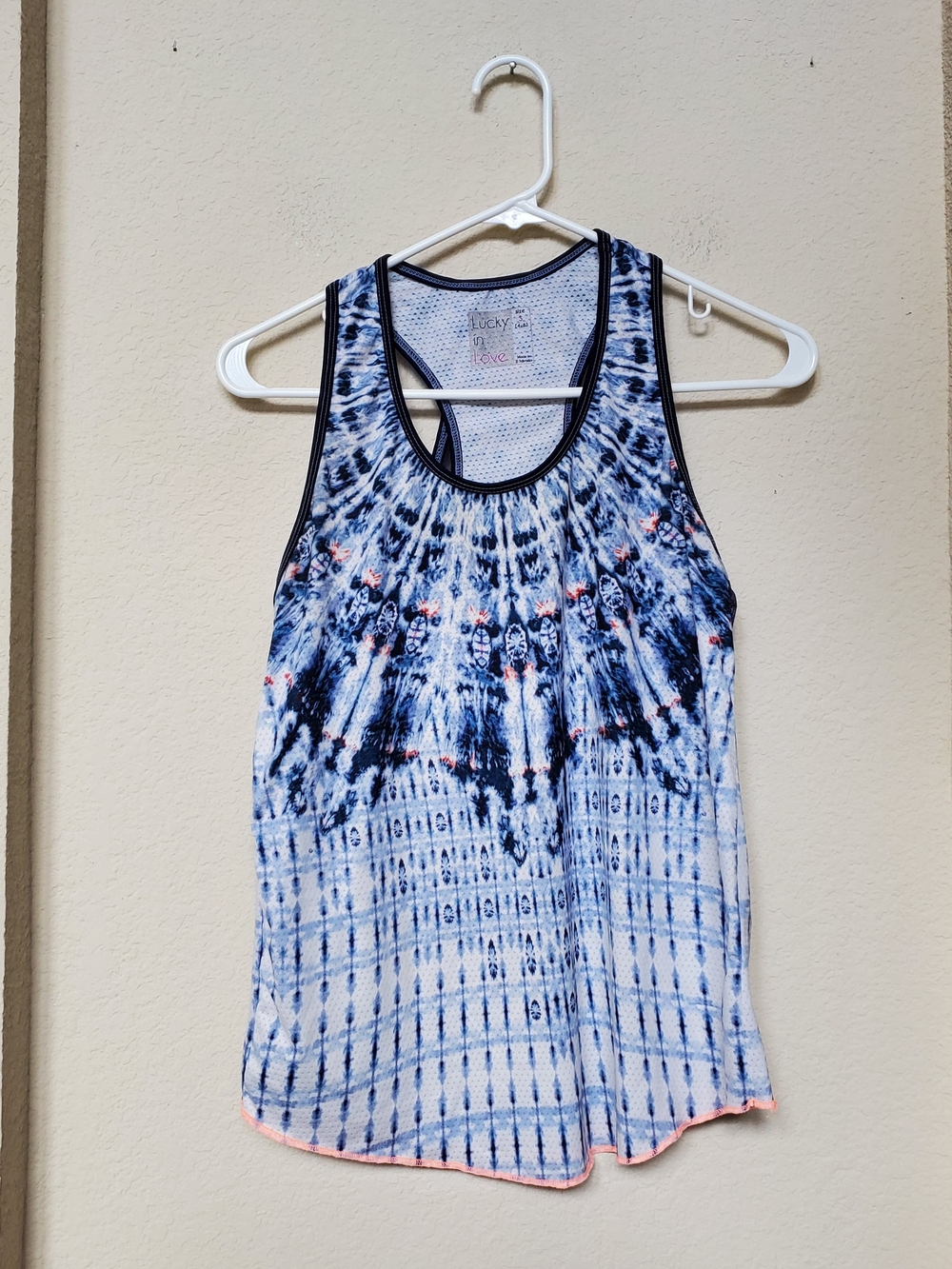 Lucky in Love Navy and Coral Tie-Dye Racerback Tank. Size Small
